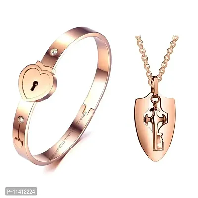 University Trendz Stainless Steel Heart Lock and Key Bracelet Pendant Set for Couples Men and Women (Rosegold)
