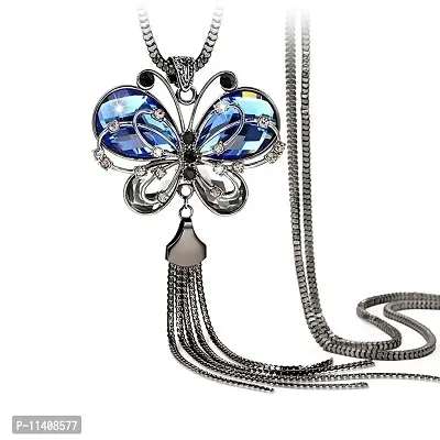University Trendz Antique Style Butterfly Blue Long Chain Pendant Tassel Necklace for Girls and Women
