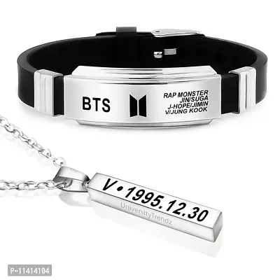 University Trendz V Kpop Stainless Steel Pendant Necklace with BTS Silicon Bracelet for Men & Women