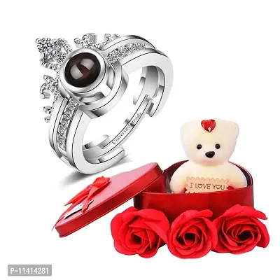 University Trendz I Love You 100 Language Loving Silver Crown Ring with Red Rose Flower Petals with Box & Soft Teddy Bear, Romantic Gift for Valentine Day