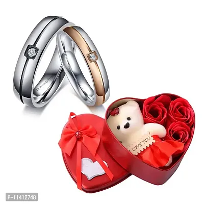 University Trendz Stainless Steel Cubic Zirconia Couple Ring with Red Rose Flower Box and Soft Teddy Bear, Best Valentine Day Gift