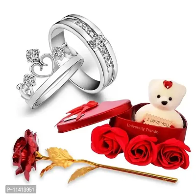 University Trendz Silver Plated Crown King Queen Adjustable Couple Ring with Red Rose Flower Box and Soft Teddy Bear, Best Valentine Day Gift for Women & Girls