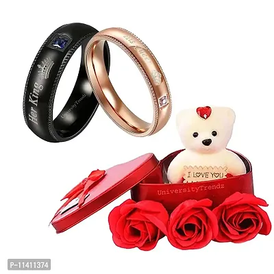 University Trendz Stainless Steel King Queen Couple Rings with Red Rose Flower Petals with Box & Soft Teddy Bear, Romantic Gift for Valentine Day