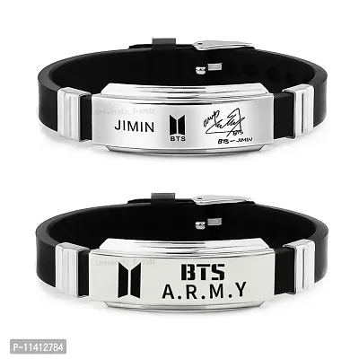 University Trendz BTS Army Metal Tag Silicon Wristband Bracelet with Jimin Signature Bracelet for Boys & Men (Pack of 2)