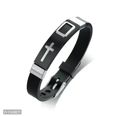 University Trendz Silver Cross Printed Stainless Steel and Silicon Black Silver Wristband Cuff & Kadaa Bracelet with Adjustable Strap for Men and Women-thumb0