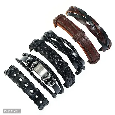 Vendsy 6 PCs Mixed Multi-Layer Genuine Leather Bracelet - Adjustable Braided Leather Cuff for Men & Women