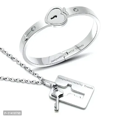 University Trendz Silver Couple Lock and Key Stainless Steel Silver Plated Bracelet Pendant Set for Men and Women-thumb0