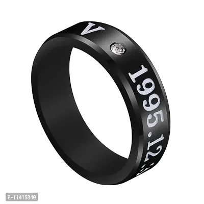 University Trendz Black BTS V Stainless Steel Ring Combo with Kpop Bar V Pendant Necklace (Pack of 2)-thumb3