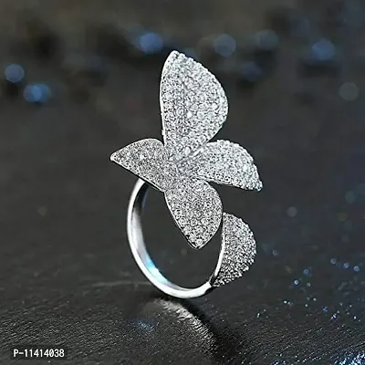 University Trendz Silver Plated Zircon Crystal Flower Design Adjustable Size Ring - Free Size Ring for Women & Girls-thumb2