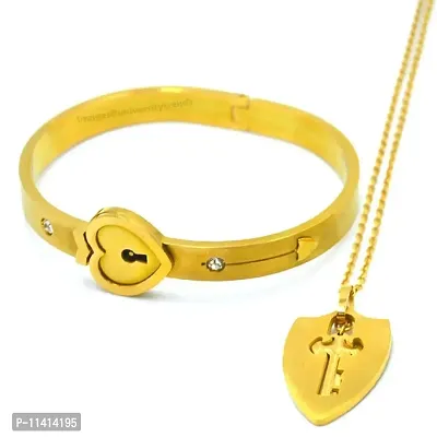 University Trendz Golden Lock and Key Couple's Necklace with Real Working Heart Lock Bracelet for Boys, Girls, Men and Women