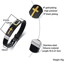 University Trendz Adjustable Casual Gold Cross Printed Cool Style Black and Silver Plated Stainless Steel Bracelet for Men and Boys-thumb4