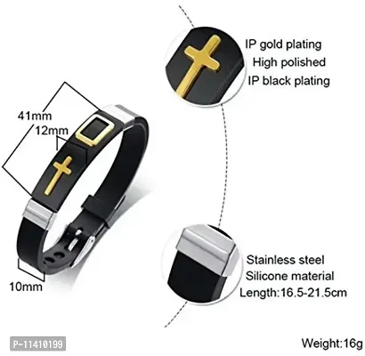 University Trendz Adjustable Casual Gold Cross Printed Cool Style Black and Silver Plated Stainless Steel Bracelet for Men and Boys-thumb5
