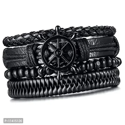 University Trendz 4PCs/Set Braided Wrap Leather Bracelets for Men Women Vintage Wooden Beads Ethnic Tribal Wristbands Bracelet-thumb0