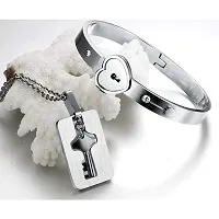 University Trendz Silver Couple Lock and Key Stainless Steel Silver Plated Bracelet Pendant Set for Men and Women-thumb2