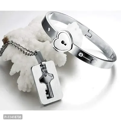 University Trendz Silver Couple Lock and Key Stainless Steel Silver Plated Bracelet Pendant Set for Men and Women-thumb3