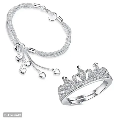 University Trendz Rakhi Gift Combo - Silver Crown Ring and Heart Charm Bracelet, Jewelry Set for Girls and Women