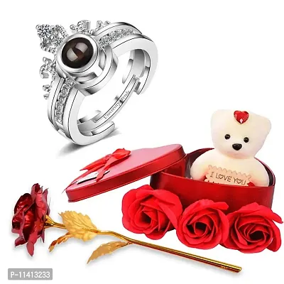 University Trendz I Love You 100 Language Loving Crown Ring with Artificial Red Rose & Soft Teddy Bear with Flower Box for Girlfriend, Wife, Lovers Romantic Gift for Valentine Day (Silver)-thumb0