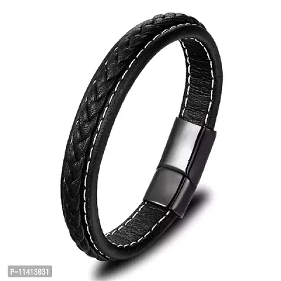 University Trendz Genuine Leather Black with Stainless Steel Magnetic Clasp Bracelet for Mens & Boys(Multi Color)