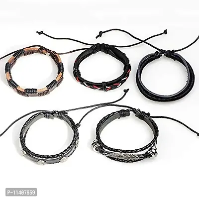 University Trendz Black Base Metal Leather Dyed Rope Multi Strand Wrist Band Bracelet for Men & Women(Set of 5)(Black)-thumb4