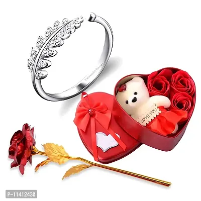 University Trendz Silver Plated Adjustable Women Leaf Ring with Red Rose Flower Petals with Box & Soft Teddy Bear, Romantic Gift for Valentine Day