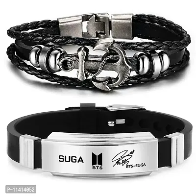University Trendz BTS Kpop Suga Signature Printing Silicon Bracelet Combo with Leather Multi Rope Bracelet (Pack of 2)