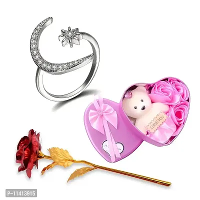 University Trendz Women's Valentine Romantic Gifts Combo of Crescent Moon Star Adjustable Ring with Red Rose Flower & Pink Teddy Bear (Pack of 3)