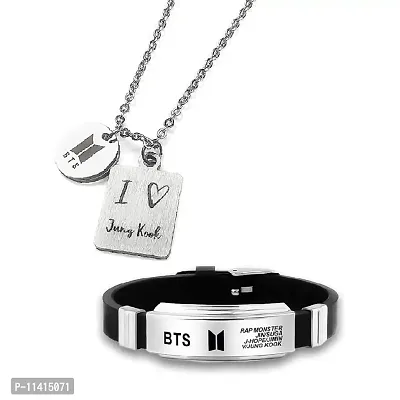 University Trendz Kpop I Love Jung Kook Pendant Necklace Combo with BTS Multi Signature Silicon Bracelet (Pack of 2)