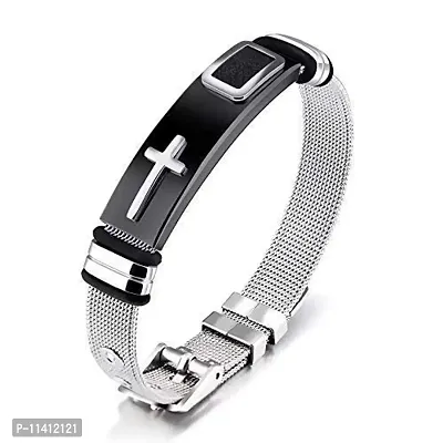 University Trendz Stainless Steel Western Style Jesus Christ Cross Design Casual Bracelet for Boys and Girls (Silver)-thumb0