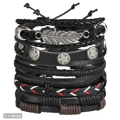 University Trendz Black Base Metal Leather Dyed Rope Multi Strand Wrist Band Bracelet for Men & Women(Set of 5)(Black)-thumb0