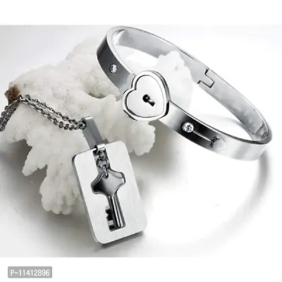 University Trendz Stainless Steel Lock and Key Bracelet Pendant Set for Couples Men and Women (Silver)-thumb2