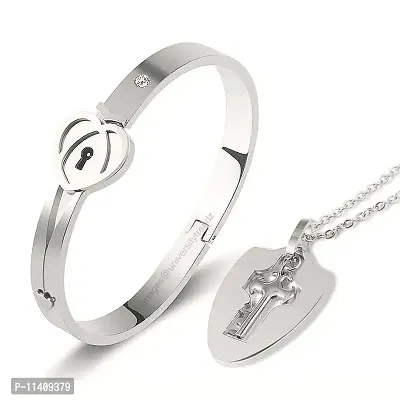 University Trendz Newest Heart Design Lock and Key Couple Bracelet Pendent Necklace Set for Boys, Girls, Men and Women (Silver)
