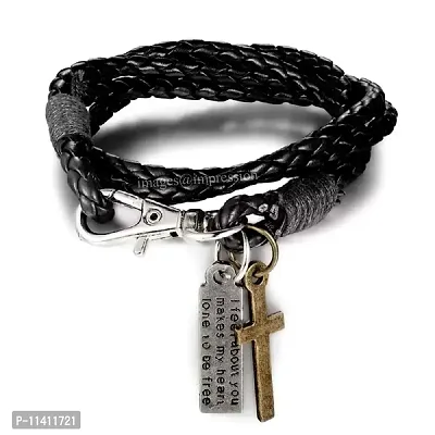 University Trendz Multi Layer Leather Jesus Christ Cross Catholic Bracelet for Men and Women (Black)