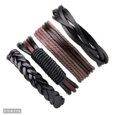 University Trendz Black Leather Dyed Rope Multi Strand Wrist Band Bracelet for Men & Women (Set of 4) (Black)-thumb4