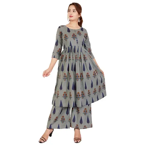 Grey Anarkali Cotton Womens Stitched Salwar Suit