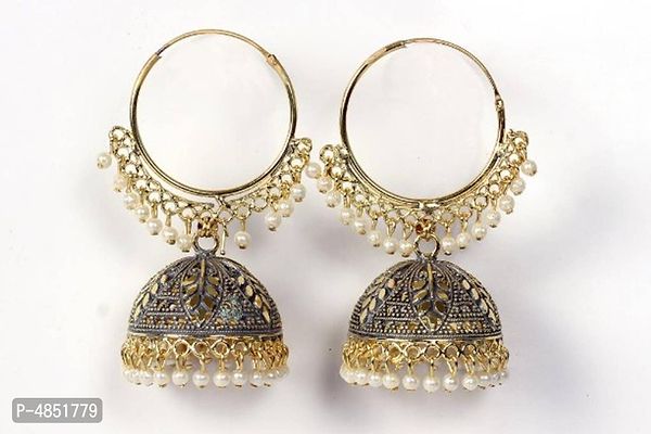 Shimmering Fancy Grey Brass Oxidised Gold Beads Jhumkas Earrings For Women And Girls-thumb0