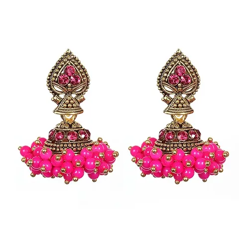 Princess Girls/Women's Handmade Designer Oxidized Jhumki/Jhumka Earrings with Color Stone (Gold, Maroon)