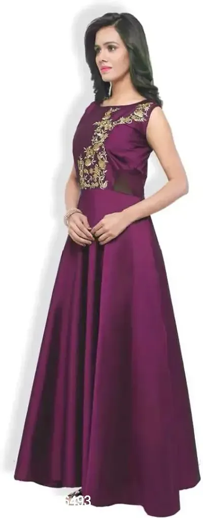 NV PATEL Cadbury-2-Purple Gown Embroidered Anarkali Silk Blend Purple 3/4 Sleeve Round Neck Semi Stitched Women Wedding  Festive::Party  Festive::Wedding::Casual Gown-thumb3