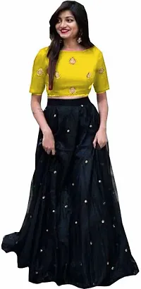 NV PATEL Women's Net::Silk Blend Embroidered Yellow Daimond Lehenga Choli Half Sleeve Round Neck Wedding::Party  Festive::Wedding  Festive Yellow Lehenga Choli-thumb3