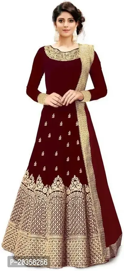 NV PATEL KD Jari Maroon Gown Embroidered Anarkali Silk Blend Maroon Full Sleeve Round Neck Semi Stitched Women Wedding::Party  Festive Gown-thumb0