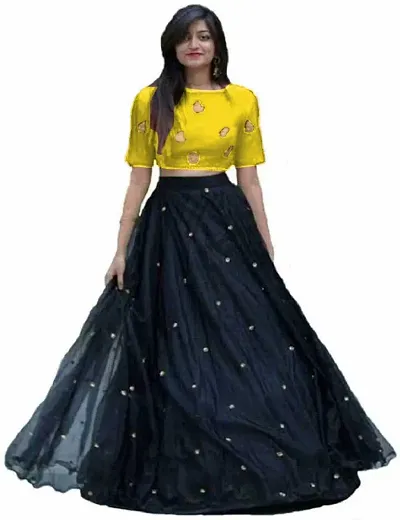 NV PATEL Women's Net::Silk Blend Embroidered Yellow Daimond Lehenga Choli Half Sleeve Round Neck Wedding::Party & Festive::Wedding & Festive Yellow Lehenga Choli