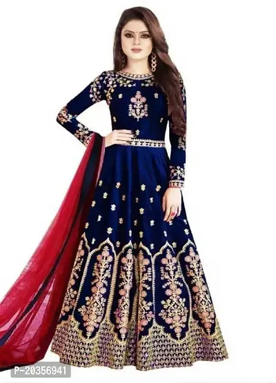 NV PATEL Multi Blue Gown Embroidered Anarkali Silk Blend Blue Full Sleeve Round Neck Semi Stitched Women Wedding  Festive::Party  Festive::Wedding Gown-thumb0