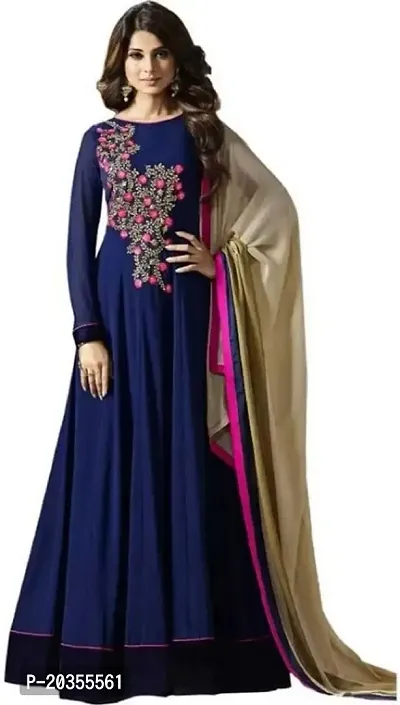 NV PATEL Blue Pink Gown Embroidered Anarkali Art Silk Blue Full Sleeve Boat Neck Women Party  Festive Gown-thumb0