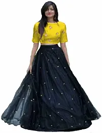NV PATEL Women's Net::Silk Blend Embroidered Yellow Daimond Lehenga Choli Half Sleeve Round Neck Wedding::Party  Festive::Wedding  Festive Yellow Lehenga Choli-thumb1