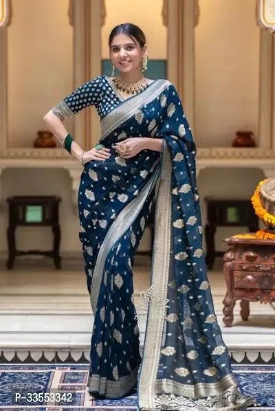 Stylish  Blue Embellished Saree with Blouse piece for Women-thumb0