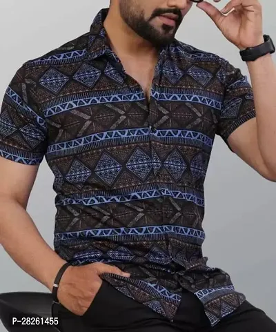 Stylish Blue Cotton Blend Printed Regular Fit Short Sleeves Casual Shirt For Men-thumb0