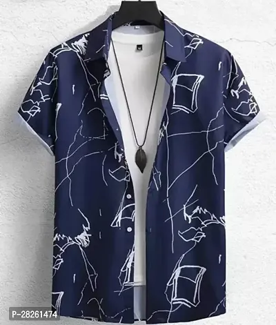 Stylish Blue Cotton Blend Printed Regular Fit Short Sleeves Casual Shirt For Men-thumb0
