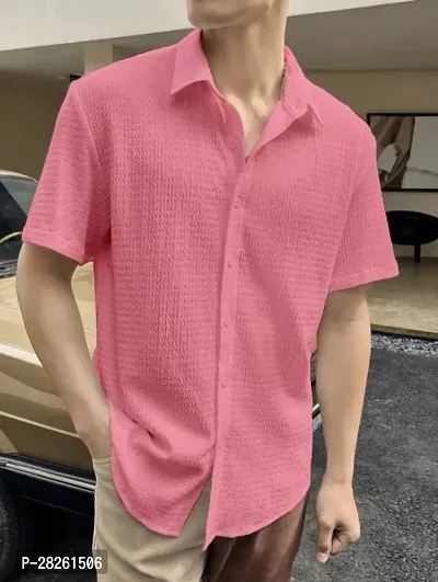 Stylish Pink Cotton Blend Solid Regular Fit Short Sleeves Casual Shirt For Men-thumb0