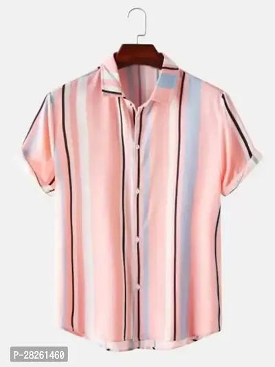 Stylish Peach Cotton Blend Striped Regular Fit Short Sleeves Casual Shirt For Men-thumb0