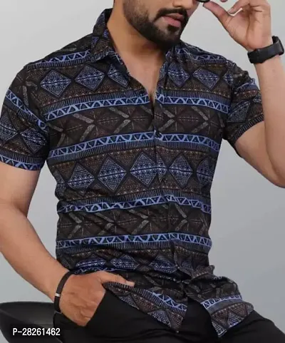 Stylish Blue Cotton Blend Printed Regular Fit Short Sleeves Casual Shirt For Men-thumb0