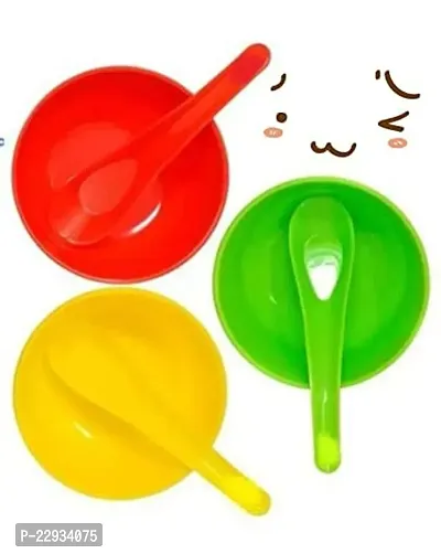 Plastic Solid Soup Bowl Set - 200 ml, 6 Bowl Pieces,6 Spoons Multicolor-thumb0